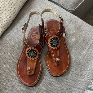 Genuine Tooled Leather Maui Brown Sandals with Turquoise Boho Floral Detail